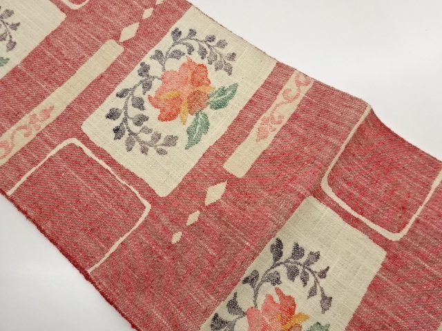 JAPANESE NAGOYA OBI / MAWATA TSUMUGI / WOVEN STRIPE & FLORAL PLANTS